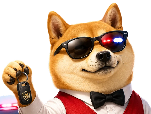 Valet Doge in a red vest holding up the customer's key fob